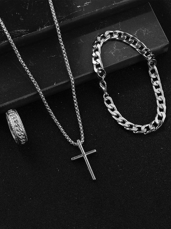 Men's Fashion Jewelry Set, Versatile Cross Necklace & Curb Chain Bracelet & Ring for Daily Wear, Trendy & All-match Accessories for Both Men & Women