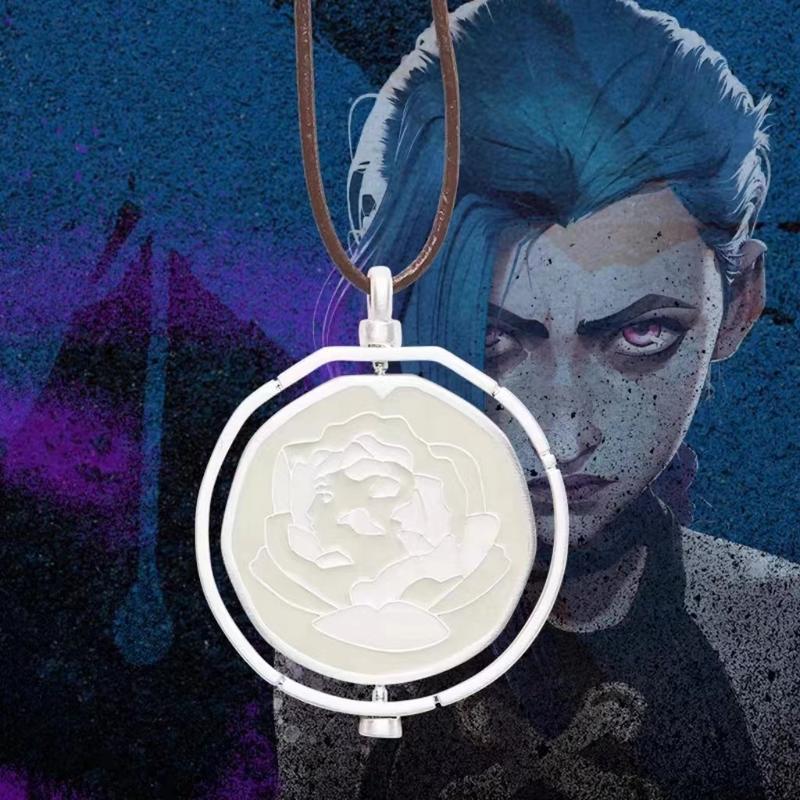 Arcane Season 2 Same Style Jinx Coen Ekko Head Portrait Rotating Blue Rose Pendant Necklace Lovers Friends Gifts League of Legends