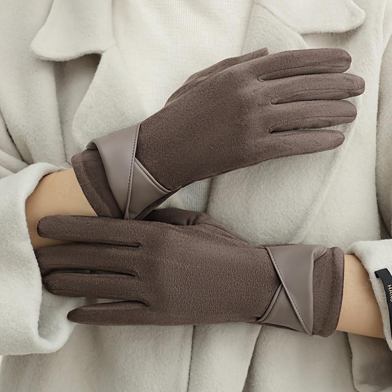 Women's Elegant Touchscreen Gloves, 1 Pair, Winter Warmth, Polyester Fleece Lining, Elastic, Solid Color, Bowknot Design, Breathable Knit, for Casual Outings, Biking, Driving