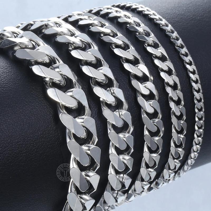 Hermah 3 5 7 9 11mm Silver Bracelet for Men Women Stainless Steel Curb Cuban Link Chain Bracelet 7inch-10inch