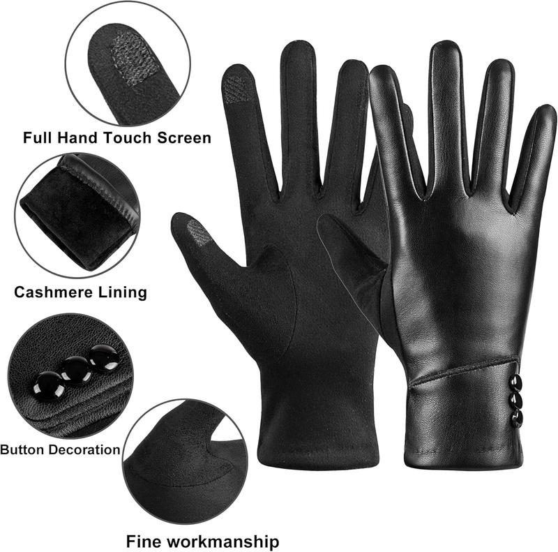 Winter Fashion Leather Gloves for Women, Touch Screen  Lined Outdoor Windproof Warm Suede Driving Dress Gloves