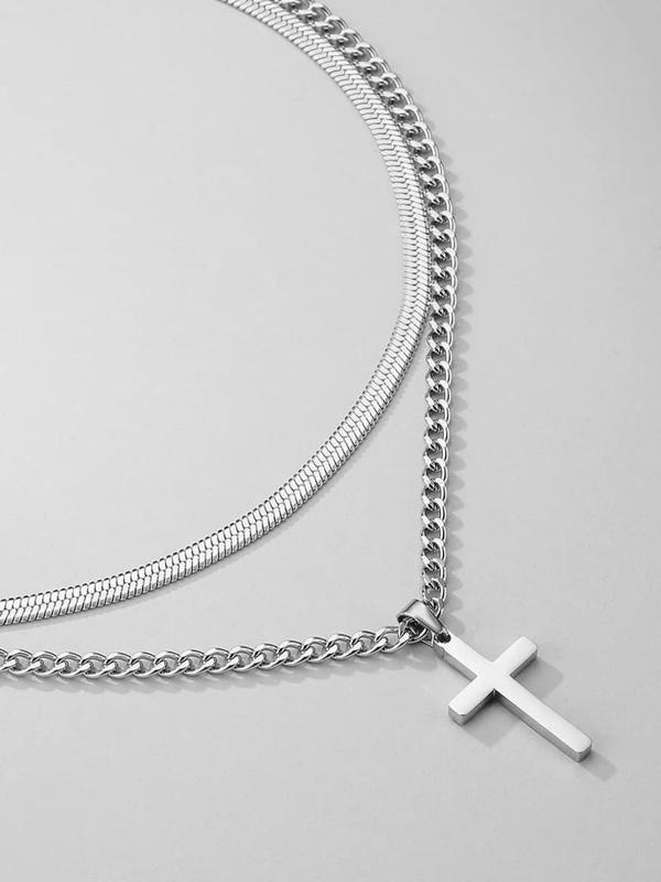 Men's Simple Style Plain Color Cross Necklace & Chain Necklace Set, Casual Trendy Necklace for Party & Daily Clothing Decor, Exquisite Jewelry for Gift