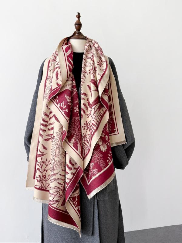 Leaf Pattern Tassel Decor Shawl, Casual Soft Warm Long Scarf for Fall & Winter, Fashion Accessories for Women & Men