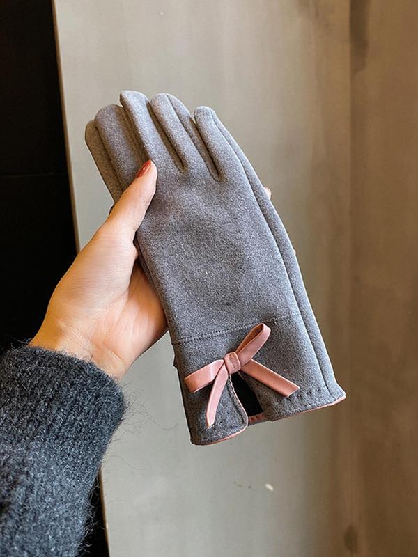 Women's Solid Color Bow Decor Full Finger Gloves, Casual Trendy Warm Gloves for Fall & Winter, Fashionable Gloves for Daily Use