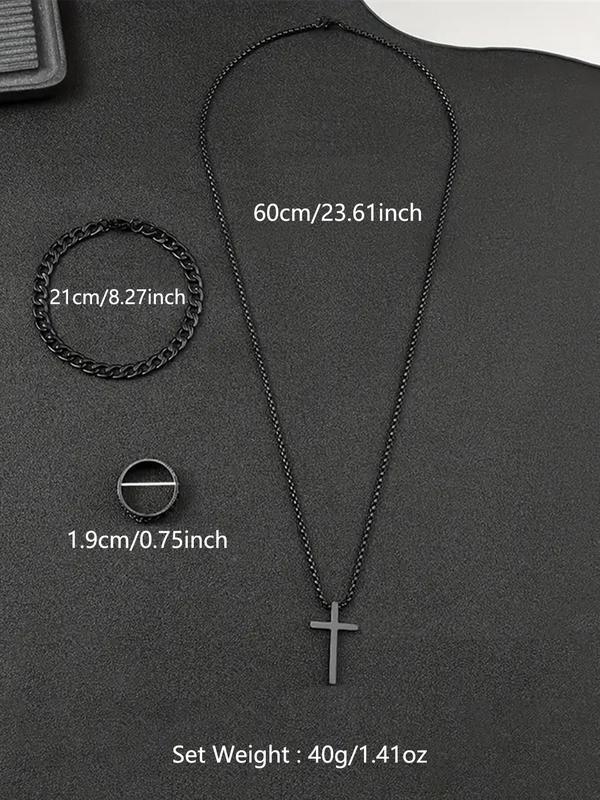 Men's Fashion Jewelry Set, Versatile Cross Necklace & Curb Chain Bracelet & Ring for Daily Wear, Trendy & All-match Accessories for Both Men & Women