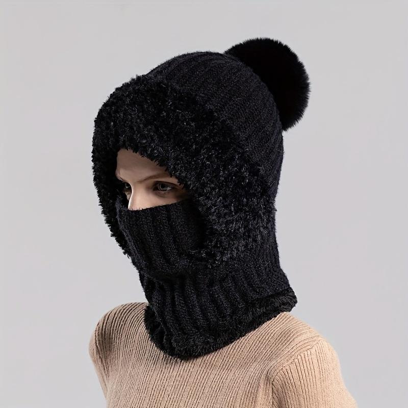 Womens Knit Beanie Hat Fleece Lined Winter Scarf Mask SetCaps Plush Earmuff  Hats with Pompom