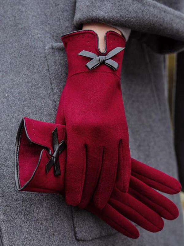 Women's Solid Color Bow Decor Full Finger Gloves, Casual Trendy Warm Gloves for Fall & Winter, Fashionable Gloves for Daily Use