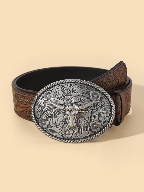 Random Western Vintage Pattern Decorative Belt for Men and Women, Fashion Buckle Adjustable PU Leather Western Belts