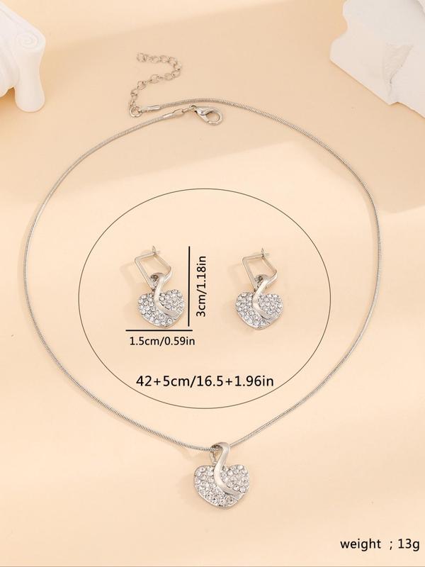 Women's Elegant Rhinestone Decorated Heart Design Pendant Necklace & Dangle Earrings, Exquisite Trendy Jewelry Set, Cute Jewelry Set As Gift for Girlfriend