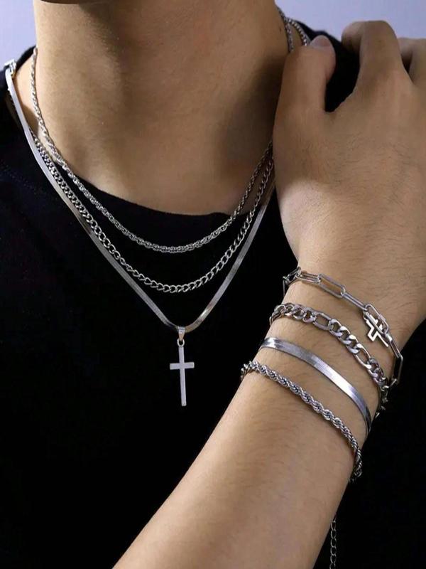 Men's Minimalist Stainless Steel Cross Pendant Necklace & Bracelet, Casual Jewelry Set for Party, Daily Clothing Decor, Trendy All-match & Exquisite Jewelry for Gift