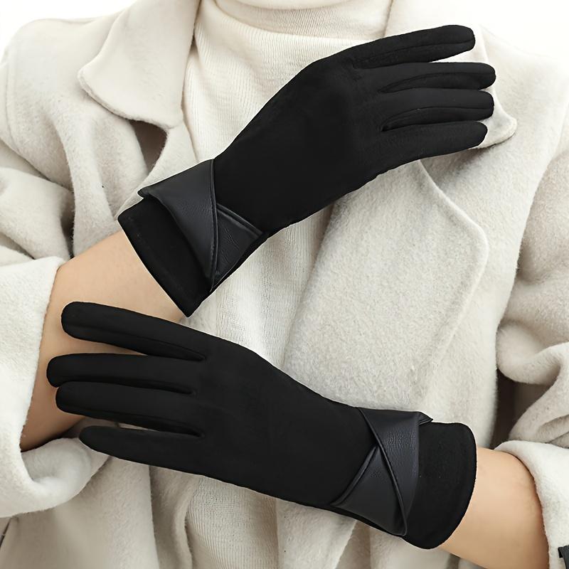 Women's Elegant Touchscreen Gloves, 1 Pair, Winter Warmth, Polyester Fleece Lining, Elastic, Solid Color, Bowknot Design, Breathable Knit, for Casual Outings, Biking, Driving