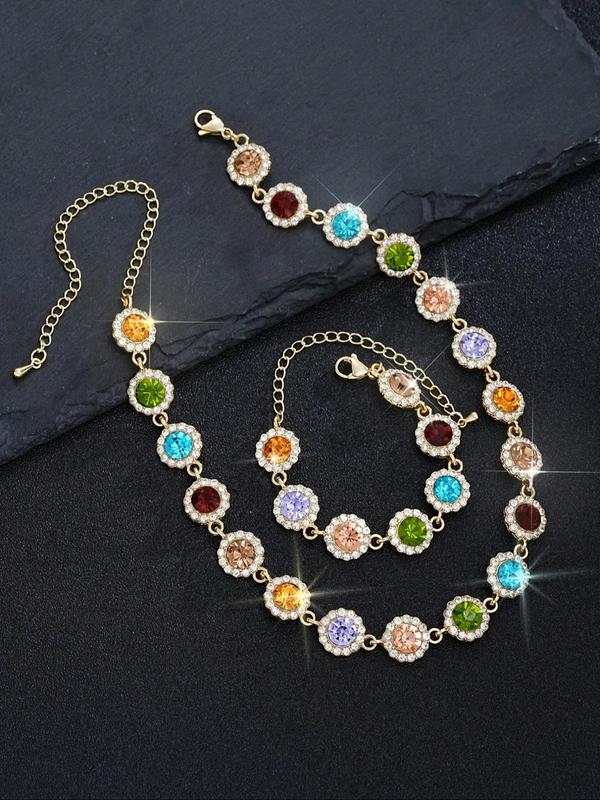 Women's Elegant Rhinestone Decorated Necklace & Bracelet, Exquisite Trendy Jewelry Set, Fashionable Accessories for Party & Daily Clothing Decor