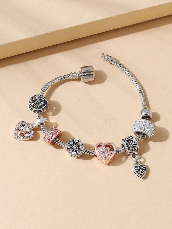 Stylish Hollow out Design Beaded Bracelet for Girlfriend, Elegant Rhinestone Inlaid Heart Charm Matching Bracelet, Fashion Accessories for Women & Girls