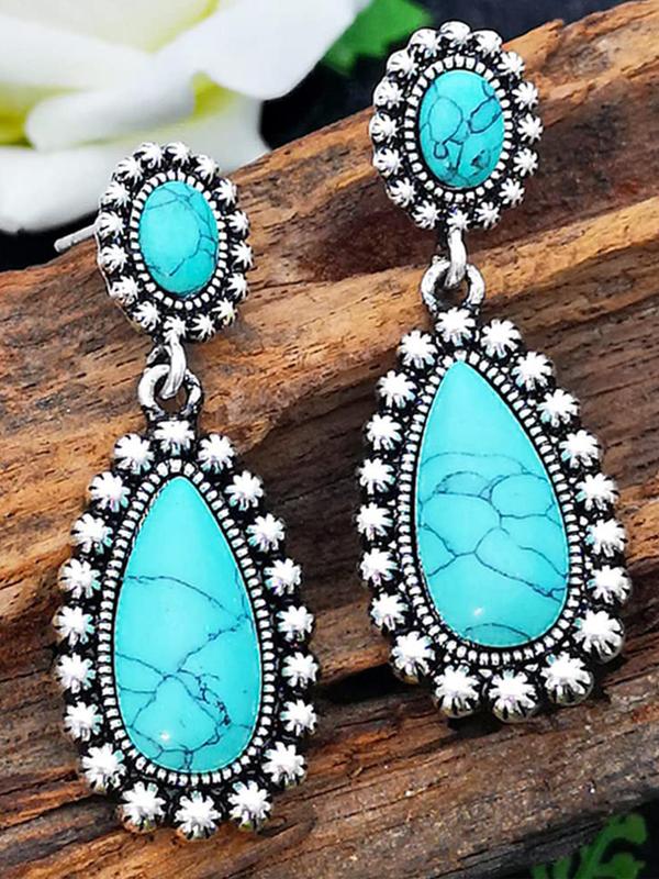 Boho Style Turquoise Texture Design Jewelry, 1 Count Pendant Necklace 1 Pair Water Drop Shaped Dangle Earrings 3 Counts Vintage Jewelry Set for Women & Girls