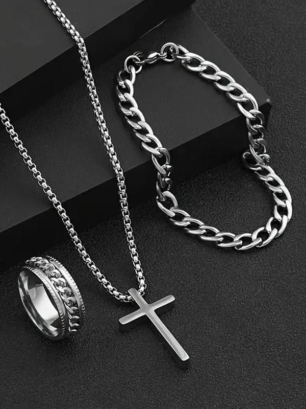 Men's Fashion Jewelry Set, Versatile Cross Necklace & Curb Chain Bracelet & Ring for Daily Wear, Trendy & All-match Accessories for Both Men & Women