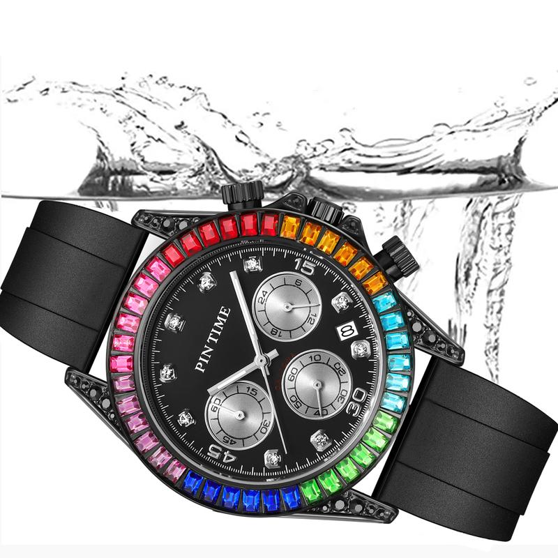 Men Business Watch Rainbow Diamond Iced Out Stainless Steel Chronograph Unisex Dress Quartz Analog Wrist Watch Waterproof Rubber Band