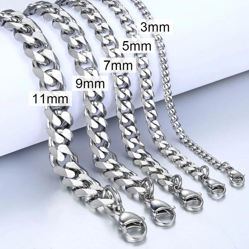 Hermah 3 5 7 9 11mm Silver Bracelet for Men Women Stainless Steel Curb Cuban Link Chain Bracelet 7inch-10inch