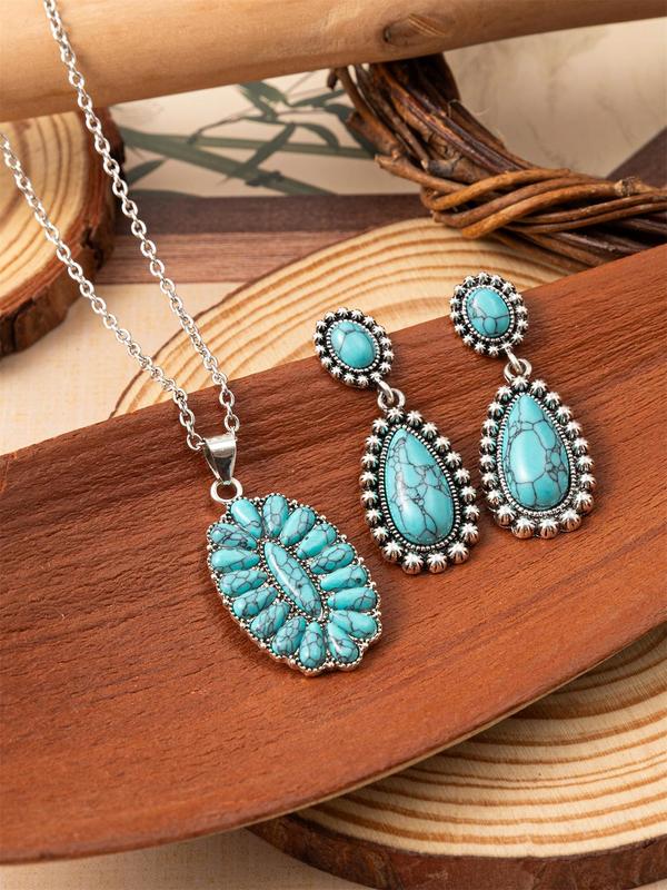 Boho Style Turquoise Texture Design Jewelry, 1 Count Pendant Necklace 1 Pair Water Drop Shaped Dangle Earrings 3 Counts Vintage Jewelry Set for Women & Girls