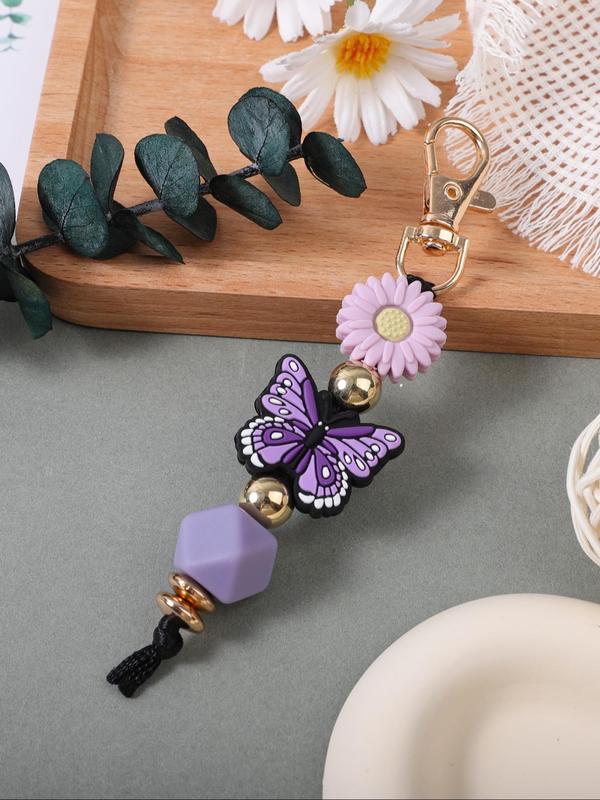 Cute Butterfly & Flower Design Beaded Keychain, Fashionable Silicone Beaded Keychain for Women & Girls, Trendy All-match Keychain for Birthday Gift