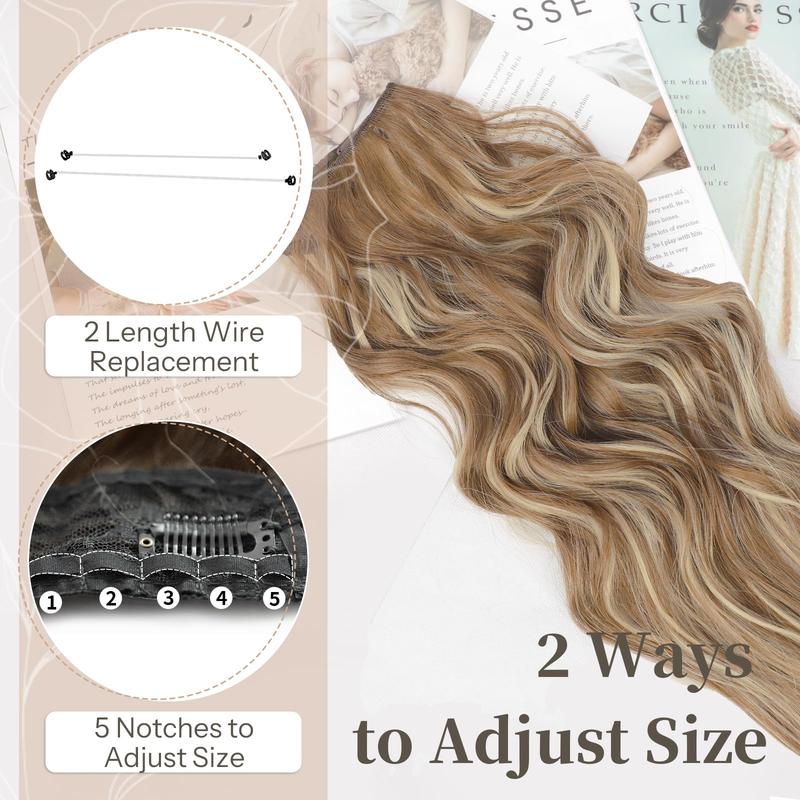 AISI HAIR Mixed Color Invisible Wire Hair Extensions with Transparent Wire Adjustable Size 4 Secure Clips 20 Inch Long Wavy Secret Hairpiece halo hair