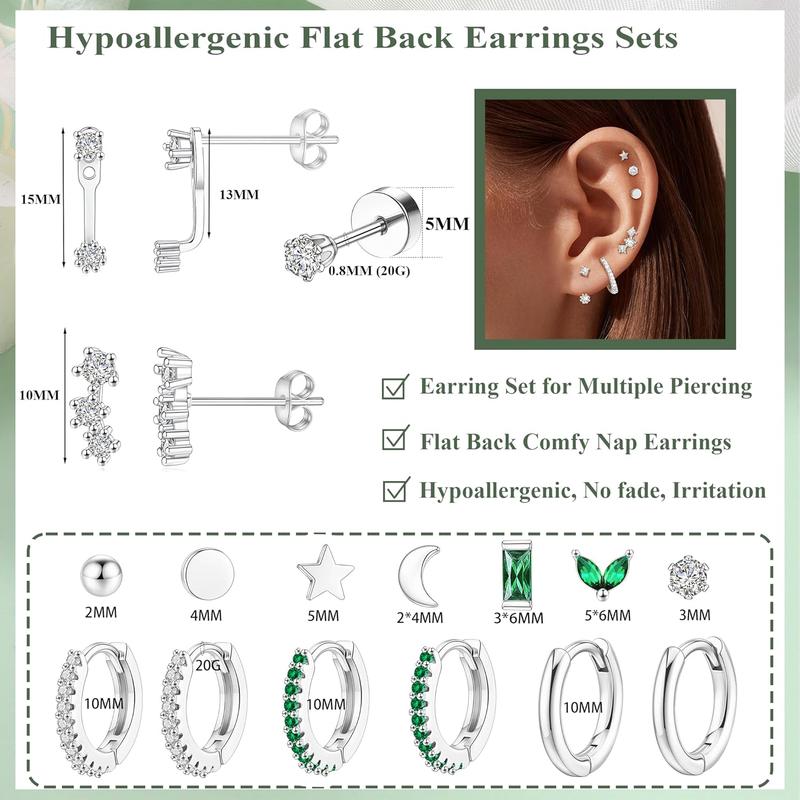 Dainty Gold Flat Back Earrings Hypoallergenic Cartilage Earring Sets for Multiple Piercing 20G Surgical Stainless Steel Earrings Flatback Stud Earring