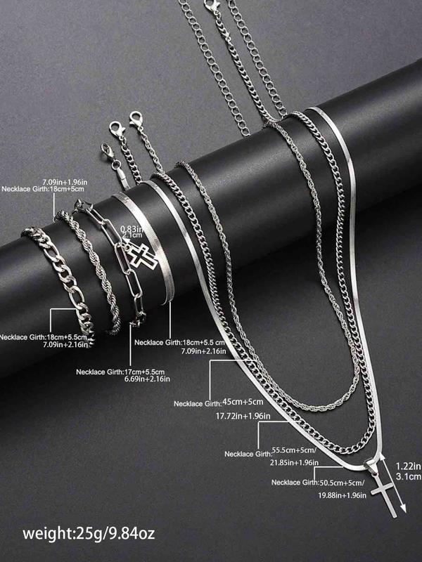 Men's Minimalist Stainless Steel Cross Pendant Necklace & Bracelet, Casual Jewelry Set for Party, Daily Clothing Decor, Trendy All-match & Exquisite Jewelry for Gift