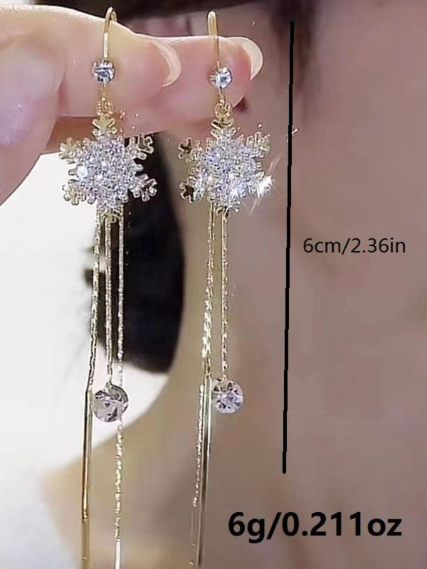 Women's 1 Pair Luxury Rhinestone Tassel Snowflake Decor Dangle Earrings, Elegant Fashionable and Versatile Jewelry Accessories Gift for Women