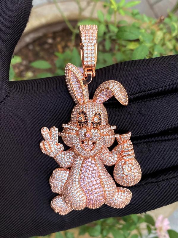 2024 New Style Rhinestone Decor Rabbit Design Pendant with Chain, Street Trend Rabbit Charm, Hip Hop Jewelry for Party, Daily Clothing Decor for Men & Women Dainty Gift for Your Love