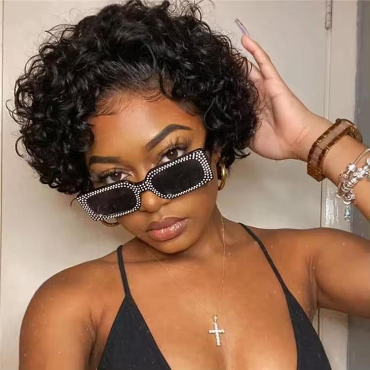 Brazilian Pixie Cut Wig Human Hair 13X1 Short black wig  Wigs  Black Short Curly Wigs for Black Women Human Hair