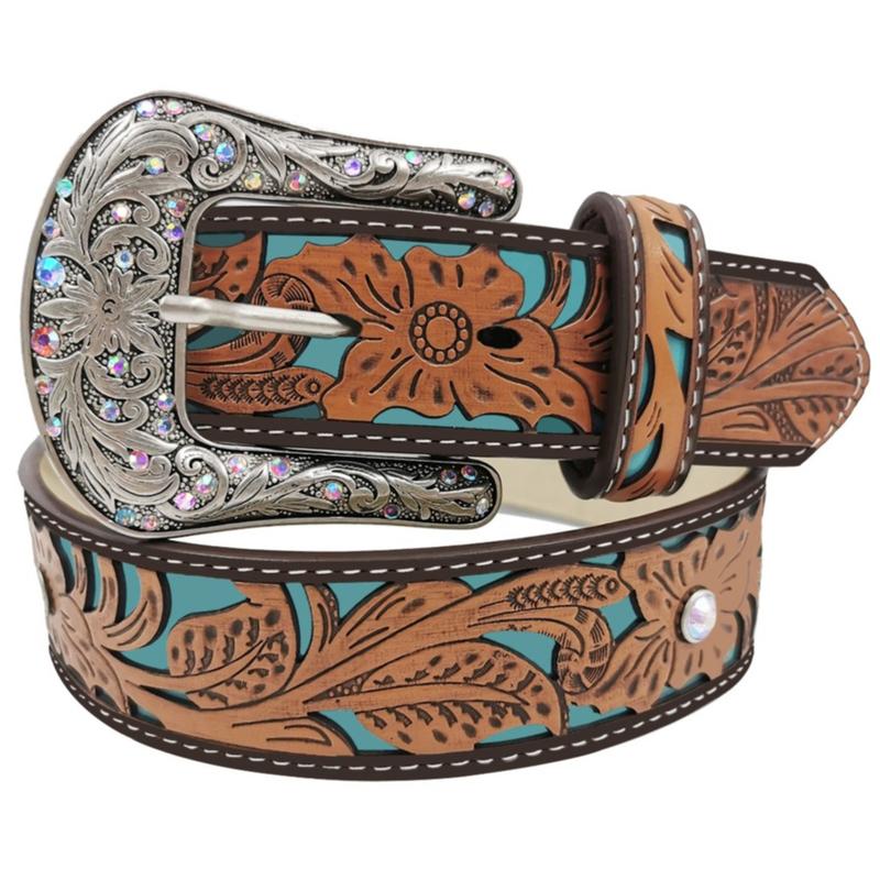 Topacc Western Belts for Women Cowboy Cowgirl Floral Embossed PU Leather Belt with Rhinestone Buckle