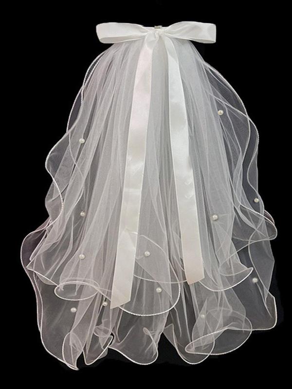 Bow Decor Mesh Veil,  Romantic Faux Pearl Decor Sheer Bridal Veil, Wedding Bridal Headwear for Women