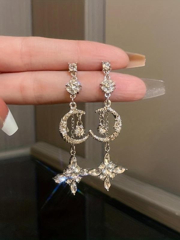 Rhinestone Star & Moon Design Dangle Earrings, Elegant Drop Earrings for Women, Fashion Jewelry for Party, Daily Clothing Decor, Trendy All-match & Exquisite Jewelry for Birthday Gift