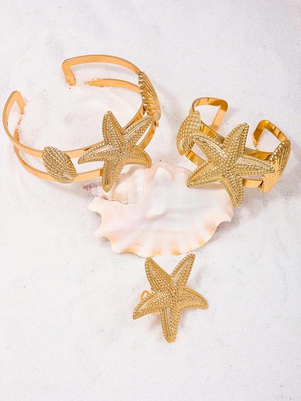 Women's Elegant Starfish & Shell Design Open Bangle Bracelet & Ring & Arm Cuff, Exquisite Trendy Jewelry Set, Fashionable Vintage Jewelry Set for Women & Girls