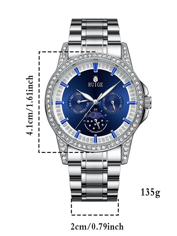 Men's Business Luxury Fashion Rhinestone Decorated Round Dial Quartz Watch, Casual Trendy PU Leather or Stainless Steel Strap Watch, Gifts for Men with Box