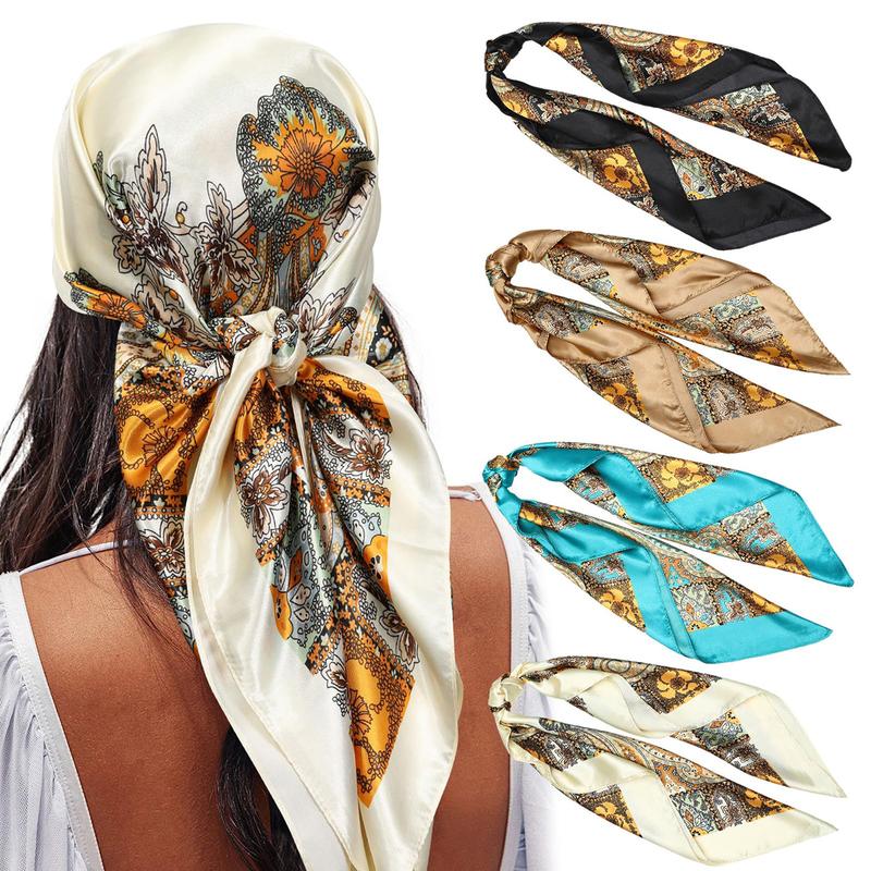 AWAYTR 4PCS set 35” Large Square Head Scarves Silk Like Neck Scarf Bandana Hair Sleeping Head Wrap Hair Scarfs for Women