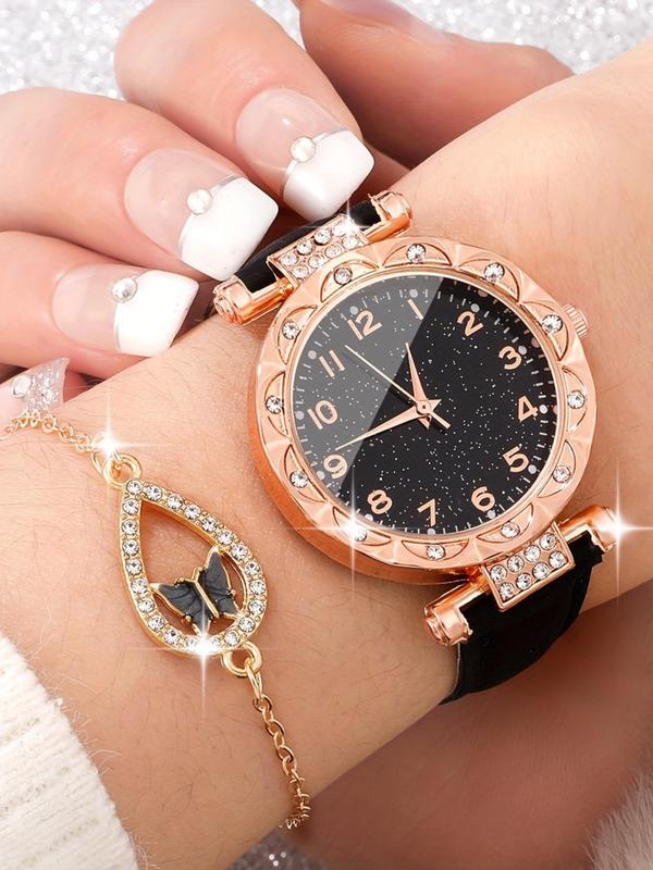 Women's Elegant Rhinestone Decorated Quartz Watch & Jewelry Set, Including Round Dial Watch & Butterfly Design Pendant Necklace & Earrings & Bracelet, Fashion Watch Set for Women As Gift