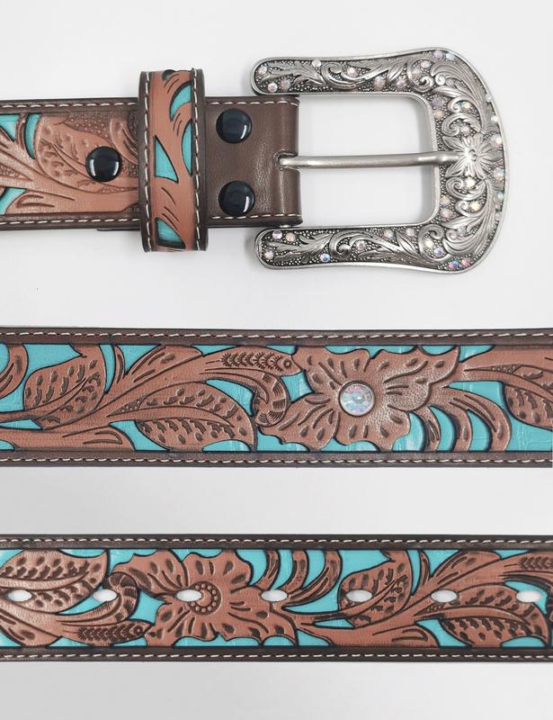 Topacc Western Belts for Women Cowboy Cowgirl Floral Embossed PU Leather Belt with Rhinestone Buckle