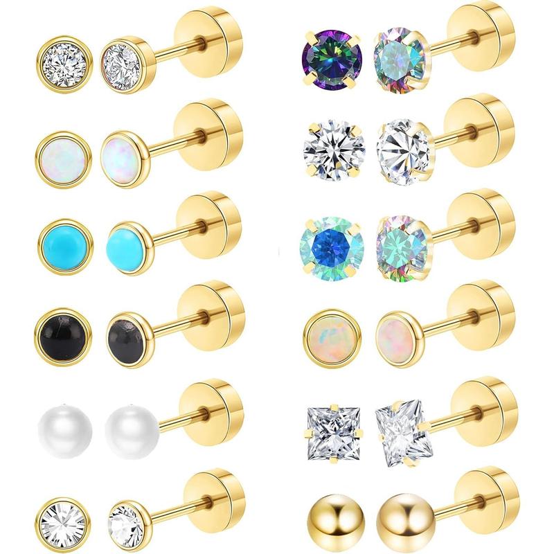 12 Pairs Hypoallergenic Surgical Steel Flatback Stud Earrings for Men & Women - CZ Opal, Screw Back, Perfect for Cartilage & Sensitive Ears.