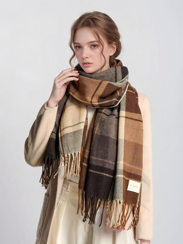 Women's Plaid Pattern Tassel Decor Scarf, Casual Soft Warm Thick Shawl for Fall & Winter, Fashion Accessories for Women & Girls