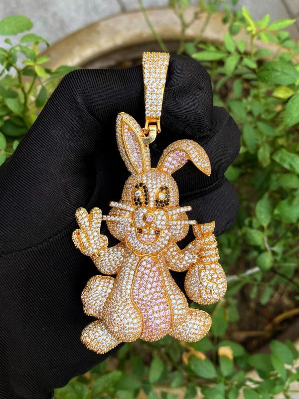 2024 New Style Rhinestone Decor Rabbit Design Pendant with Chain, Street Trend Rabbit Charm, Hip Hop Jewelry for Party, Daily Clothing Decor for Men & Women Dainty Gift for Your Love