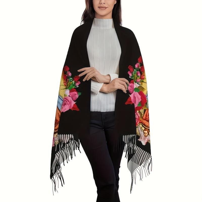 Luxury Mexican Floral Print Scarf - Women's Soft Warm Shawl With Tassels | Versatile Wrap For Coats, Sweaters And Suits