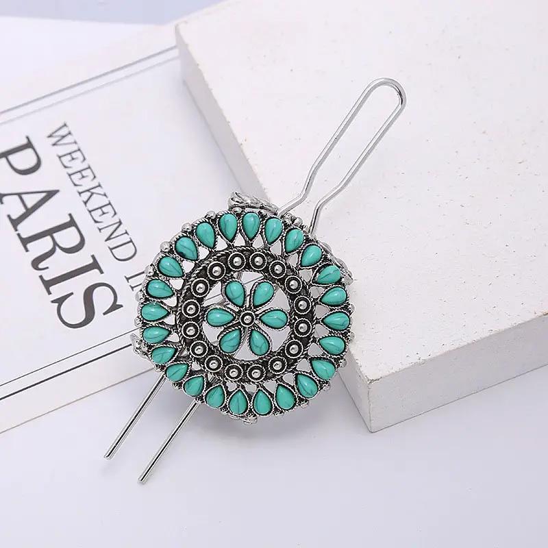 1pc Turquoise Hair Clip Silver Alloy U Shape Hair Clip Retro Western Hair Clip Women's Hair Accessories