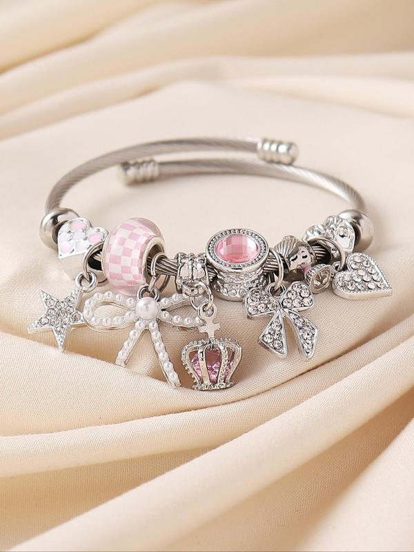 Rhinestone Crown & Bow & Heart Charm Decor Cuff Bangle, Elegant Jewelry for Women for Party, Daily Clothing Decor, Trendy All-match & Exquisite Jewelry for Gift