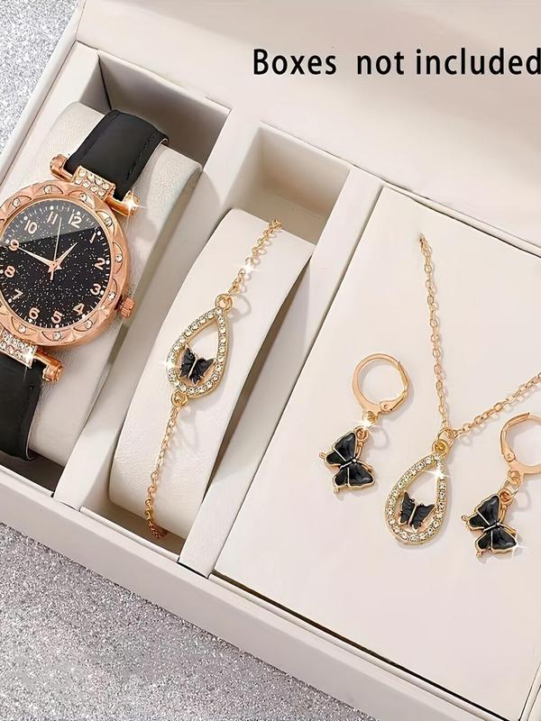 Women's Elegant Rhinestone Decorated Quartz Watch & Jewelry Set, Including Round Dial Watch & Butterfly Design Pendant Necklace & Earrings & Bracelet, Fashion Watch Set for Women As Gift