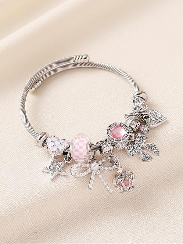 Rhinestone Crown & Bow & Heart Charm Decor Cuff Bangle, Elegant Jewelry for Women for Party, Daily Clothing Decor, Trendy All-match & Exquisite Jewelry for Gift