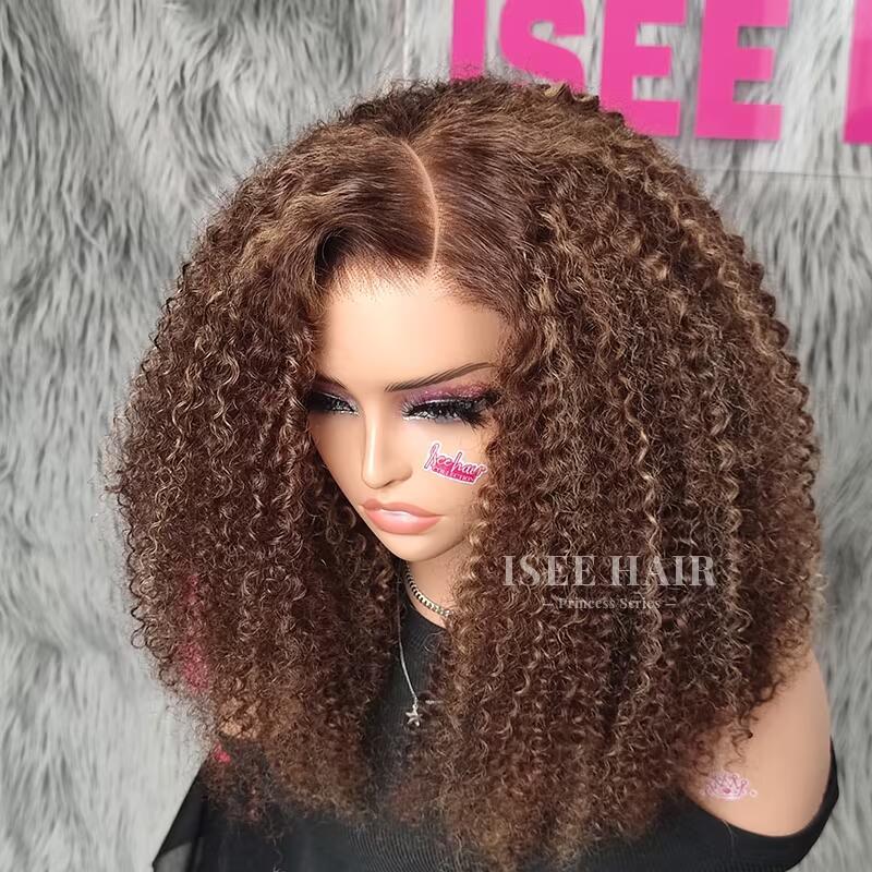 ISEE Wear Go Highlight Brown Color Kinky Curly & Deep Wave Middle Length Wig 4*6 Lace Closure Wig