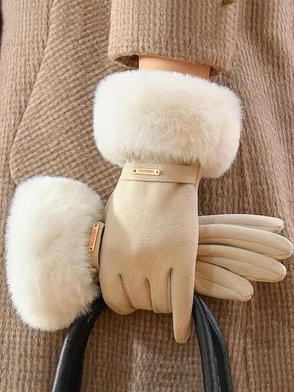 Women's Solid Color Thickened Gloves, Elegant Fashion Warm Gloves for Fall & Winter, Windproof Cycling Gloves for Outdoor Activities