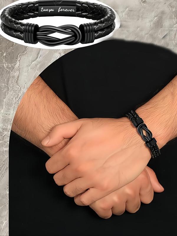 Men's Simple Style Plain Color Braided Textured Synthetic Leather Bracelet with Letters Pattern,  Casual Trendy Bracelet with Knot Design, Fashionable Accessories for Daily & Party Decoration