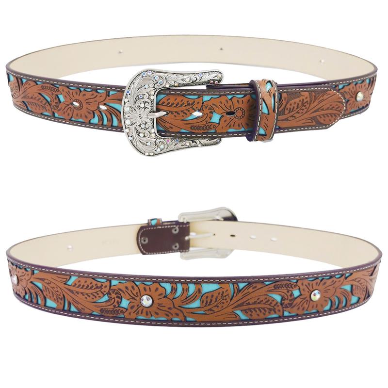 Topacc Western Belts for Women Cowboy Cowgirl Floral Embossed PU Leather Belt with Rhinestone Buckle