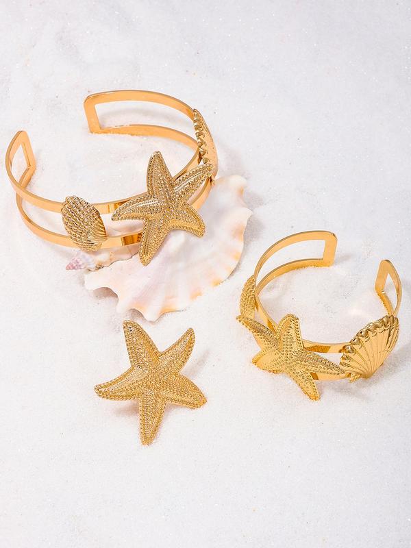 Women's Elegant Starfish & Shell Design Open Bangle Bracelet & Ring & Arm Cuff, Exquisite Trendy Jewelry Set, Fashionable Vintage Jewelry Set for Women & Girls